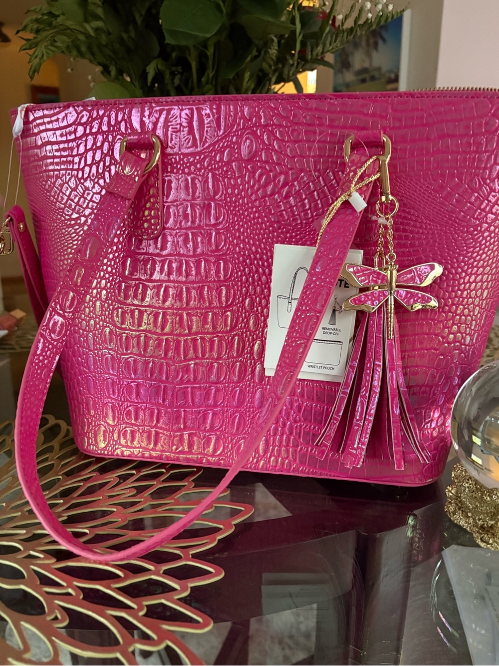 IMO Vegan Iridescent Pink Tote Purse With Bonus Toiletry Bag and Charms nwt